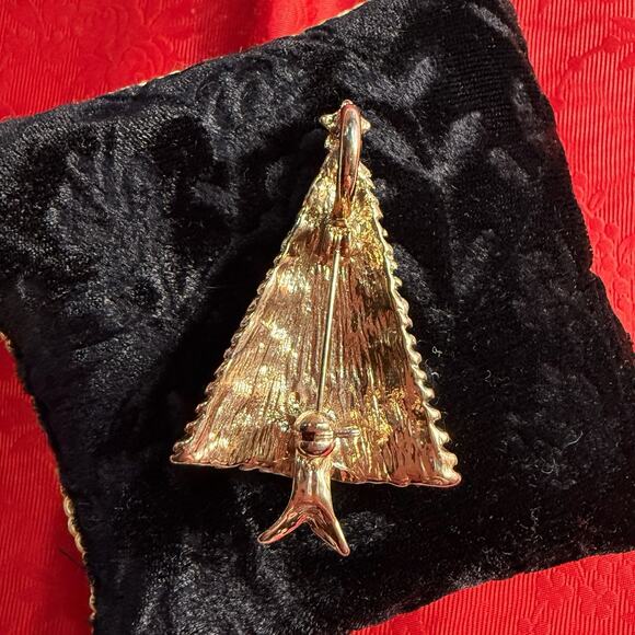 VTG Christmas Tree Pendant Brooch Gold Tone Metal Red Green Rhinestone Enamel 2” - Picture 2 of 12